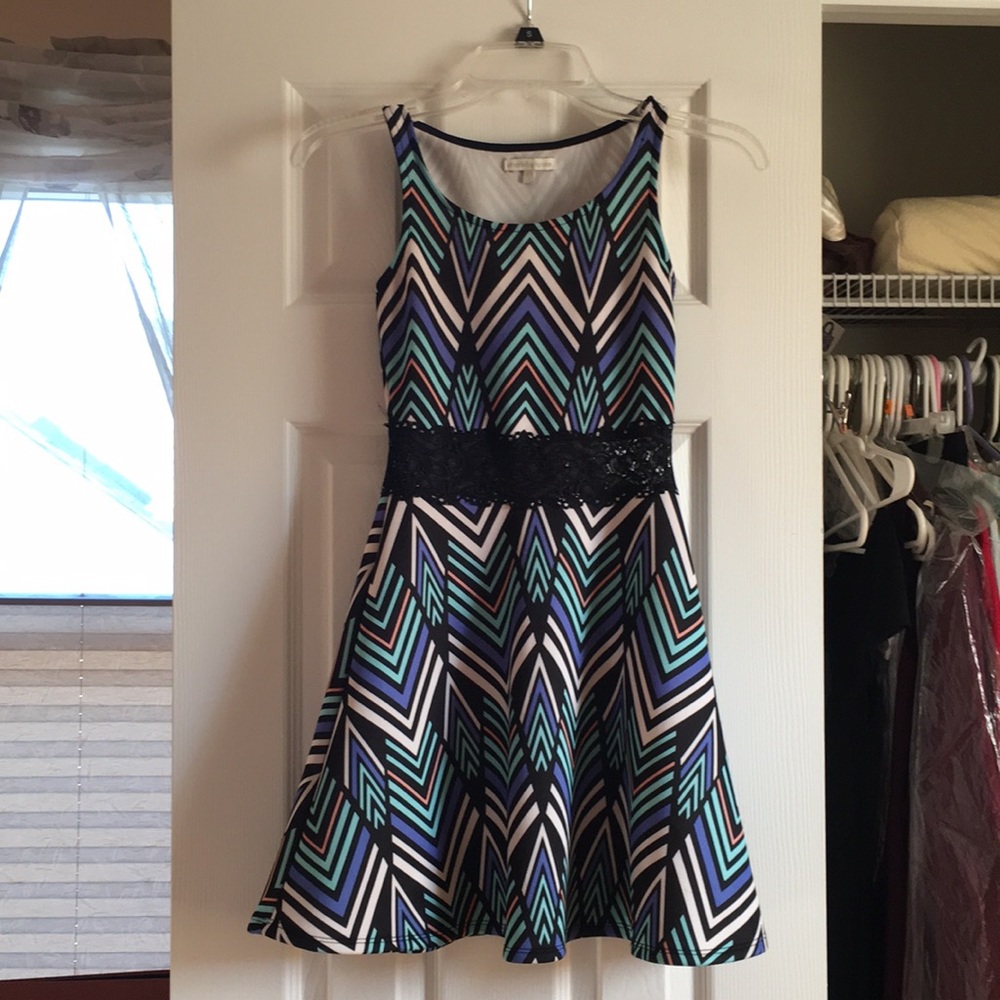 Geometric Print Fit and Flare Dress with Lace